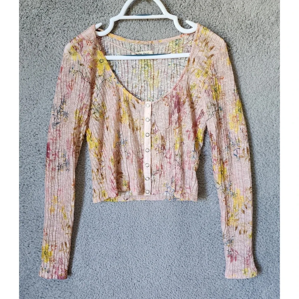 Free People Angelina Floral Print Semi Sheer Crop‎ Top Women Large Long Sleeve